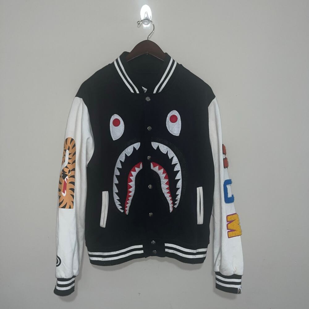 Bape Varsity Black White WCM Tiger Shark Design Button Jacket (0820)